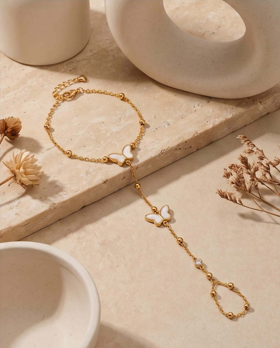 RAWNQ Gold Stainless Steel Butterfly Hand Chain Bracelet - Mother of Pearl & Cubic Zirconia