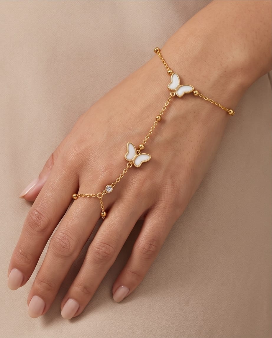 RAWNQ Gold Stainless Steel Butterfly Hand Chain Bracelet - Mother of Pearl & Cubic Zirconia