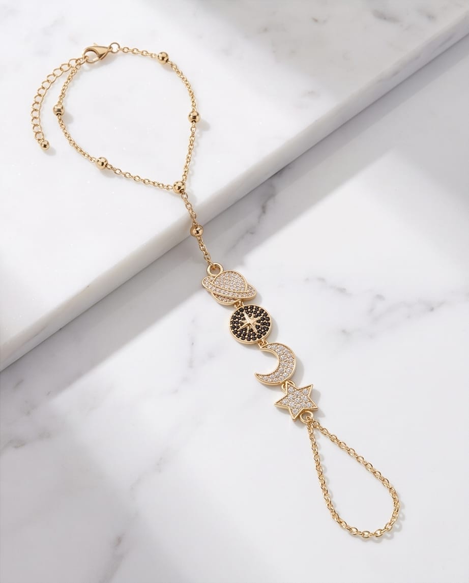 RAWNQ Celestial Gold Stainless Steel Hand Chain Bracelet - Planet, Sun, Crescent Moon & Star Cubic Zirconia