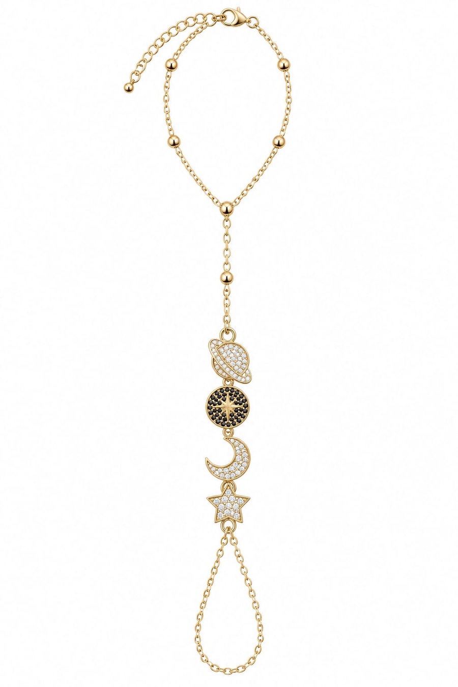 RAWNQ Celestial Gold Stainless Steel Hand Chain Bracelet - Planet, Sun, Crescent Moon & Star Cubic Zirconia