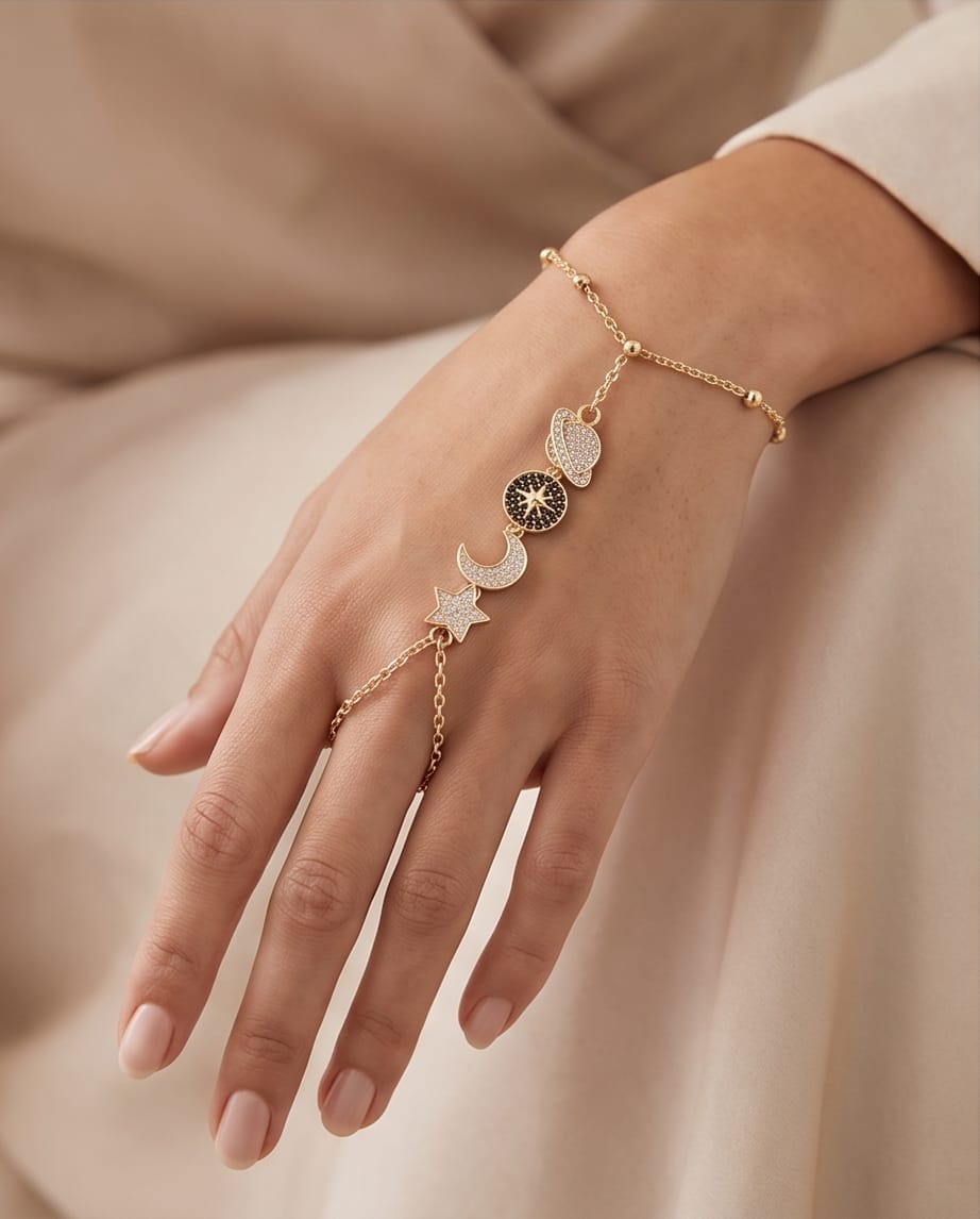 RAWNQ Celestial Gold Stainless Steel Hand Chain Bracelet - Planet, Sun, Crescent Moon & Star Cubic Zirconia