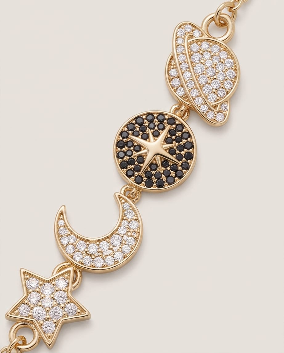 RAWNQ Celestial Gold Stainless Steel Hand Chain Bracelet - Planet, Sun, Crescent Moon & Star Cubic Zirconia