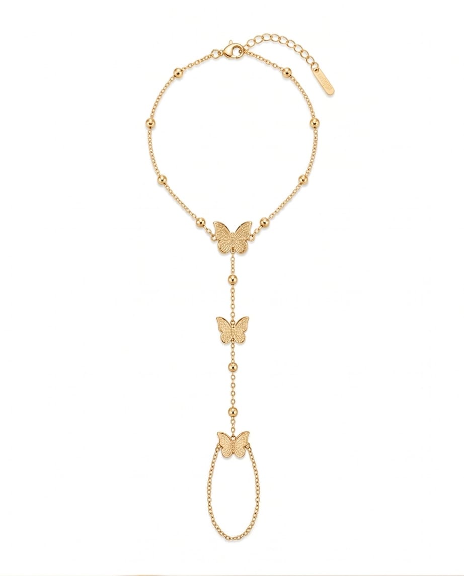 RAWNQ Gold Stainless Steel Triple Butterfly Hand Chain Bracelet