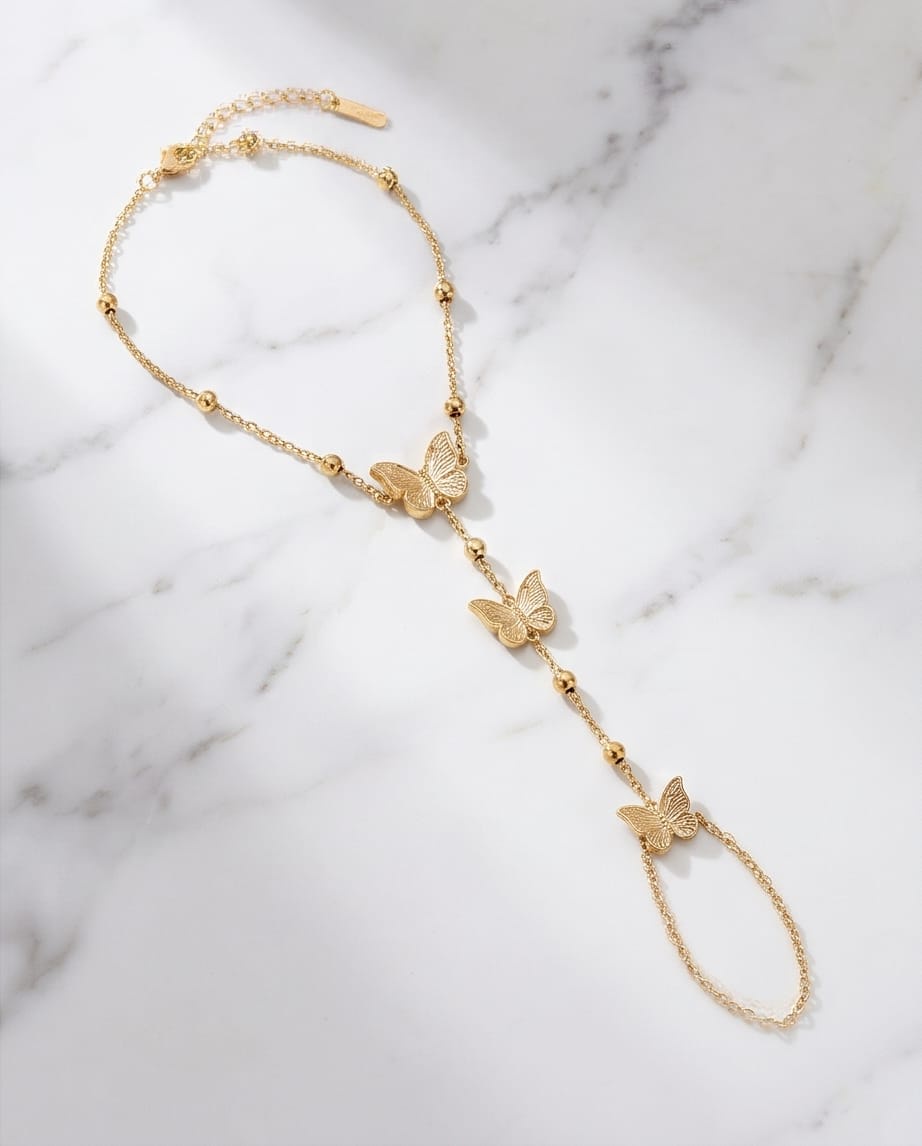 RAWNQ Gold Stainless Steel Triple Butterfly Hand Chain Bracelet
