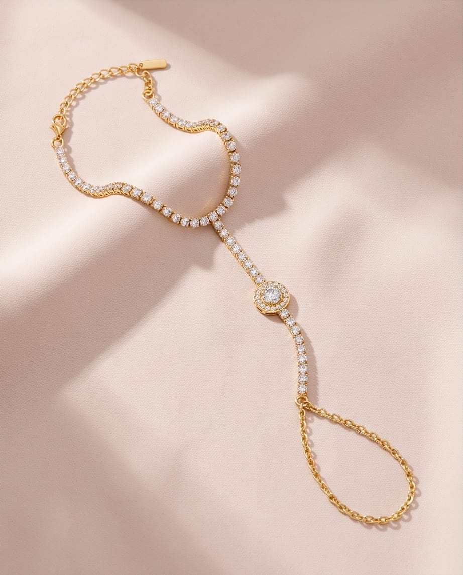 RAWNQ Gold Stainless Steel Crystal Tennis Hand Chain Bracelet