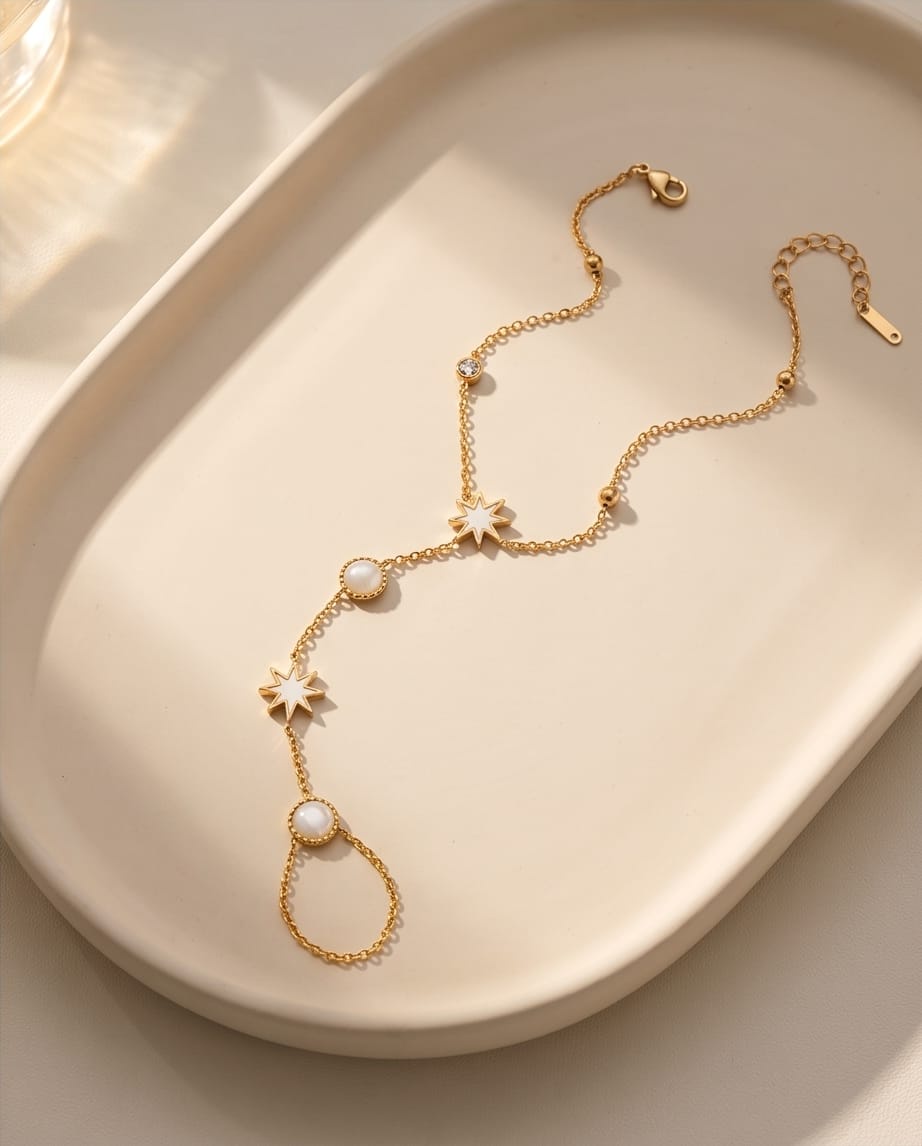 RAWNQ Gold Stainless Steel Starburst & Pearl Hand Chain Bracelet