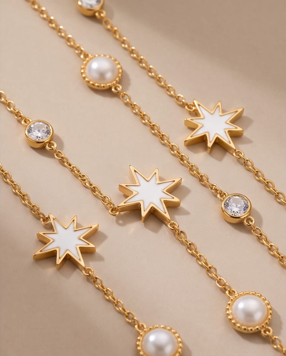 RAWNQ Gold Stainless Steel Starburst & Pearl Hand Chain Bracelet