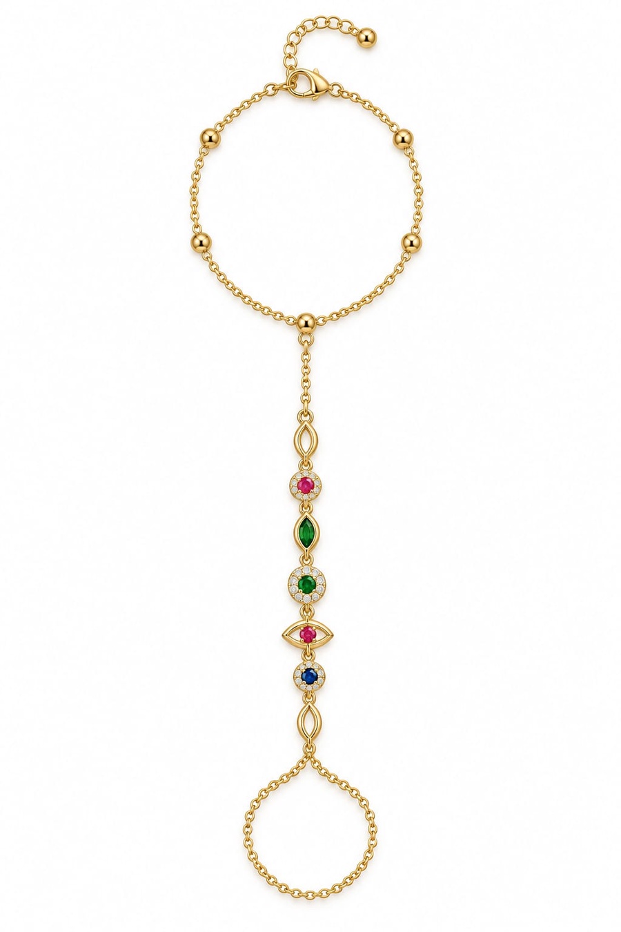 RAWNQ Gold Stainless Steel Multicolored Gemstone Hand Chain