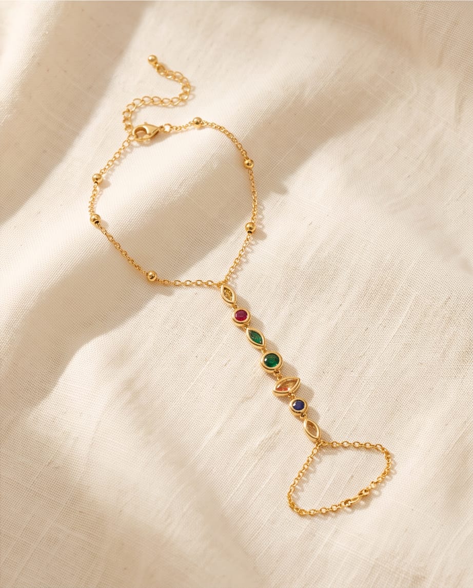 RAWNQ Gold Stainless Steel Multicolored Gemstone Hand Chain