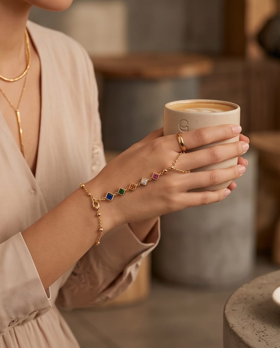 RAWNQ Gold Stainless Steel Rainbow Gemstone Hand Chain