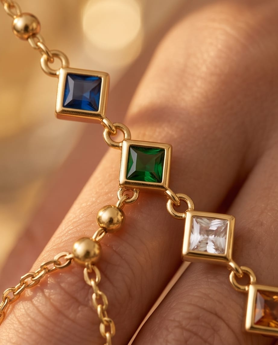 RAWNQ Gold Stainless Steel Rainbow Gemstone Hand Chain