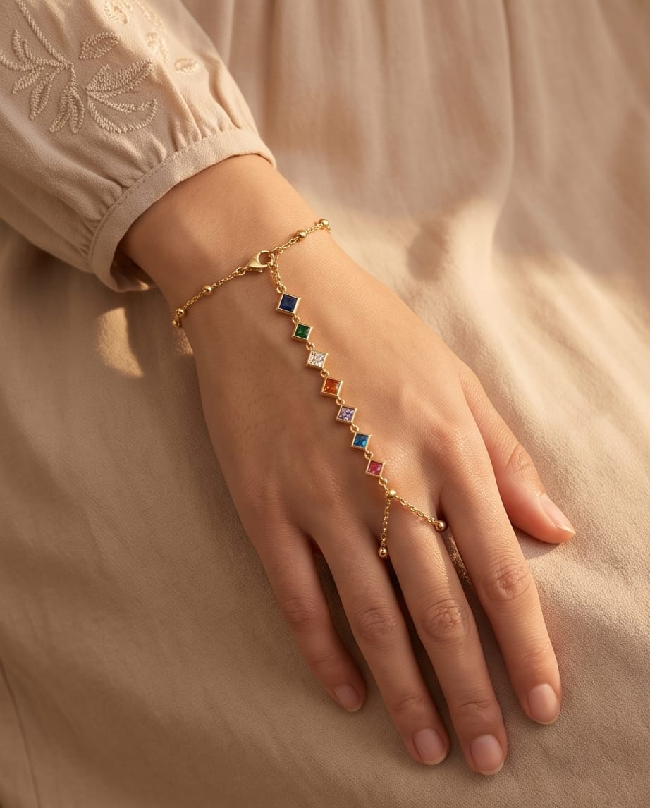 RAWNQ Gold Stainless Steel Rainbow Gemstone Hand Chain