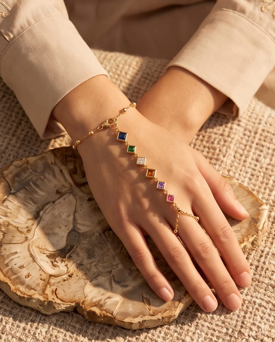 RAWNQ Gold Stainless Steel Rainbow Gemstone Hand Chain