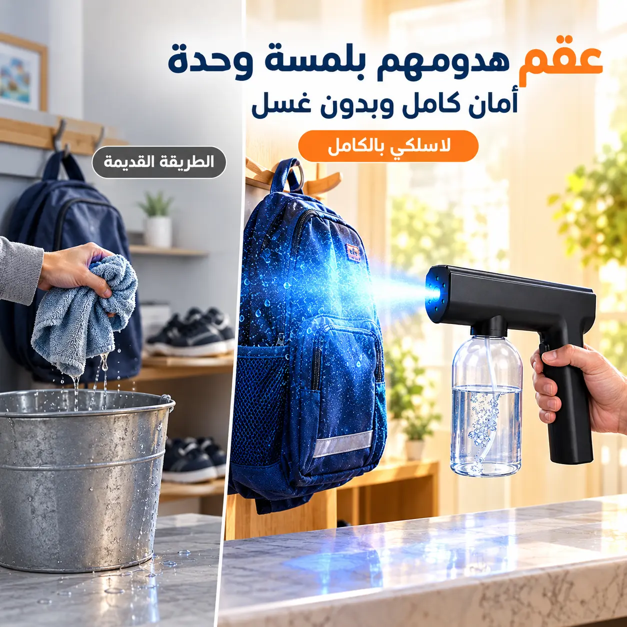 شنو راجع وية الجهال من المدرسة؟ الجنطة والهدوم عليهم غبار وجراثيم الصف والباص — عوفي الغسيل اليومي وبس رشّة وحدة
