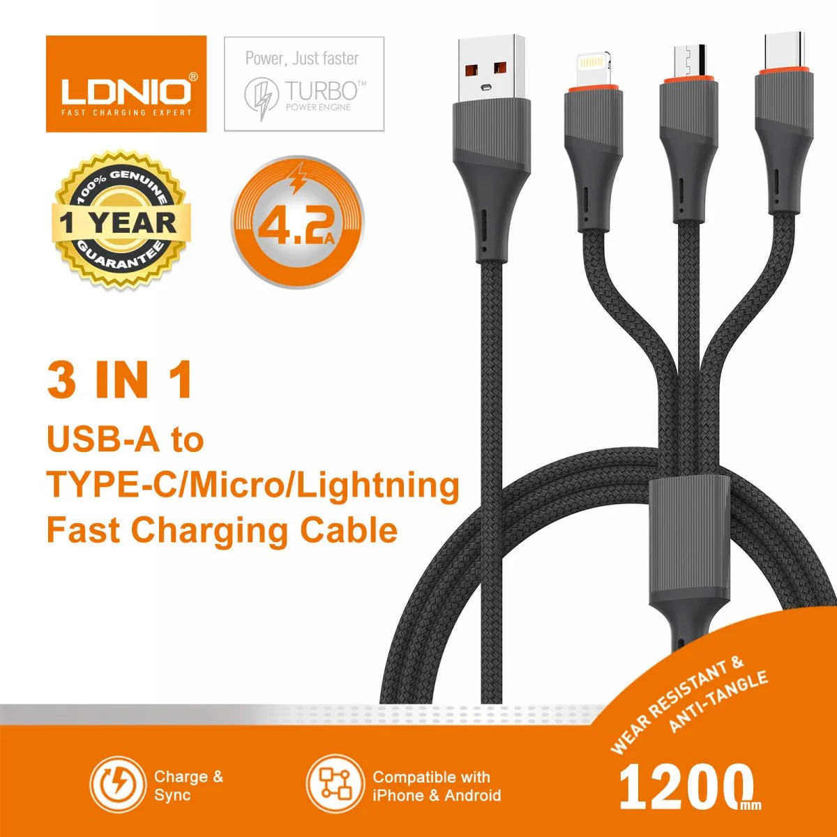  لدنيو كابل الشحن السريع 3 في 1، بطول 1.2 متر، من USB إلى Lightning Micro-USB Type-C، بجهد 5 فولت/4.2 أمبير كحد أقصى، مصنوع من النايلون المضفر لنقل البيانات عبر منفذ USB.