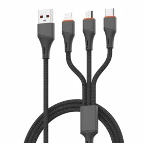  لدنيو كابل الشحن السريع 3 في 1، بطول 1.2 متر، من USB إلى Lightning Micro-USB Type-C، بجهد 5 فولت/4.2 أمبير كحد أقصى، مصنوع من النايلون المضفر لنقل البيانات عبر منفذ USB.