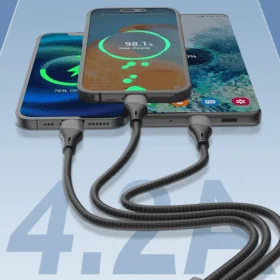  لدنيو كابل الشحن السريع 3 في 1، بطول 1.2 متر، من USB إلى Lightning Micro-USB Type-C، بجهد 5 فولت/4.2 أمبير كحد أقصى، مصنوع من النايلون المضفر لنقل البيانات عبر منفذ USB.