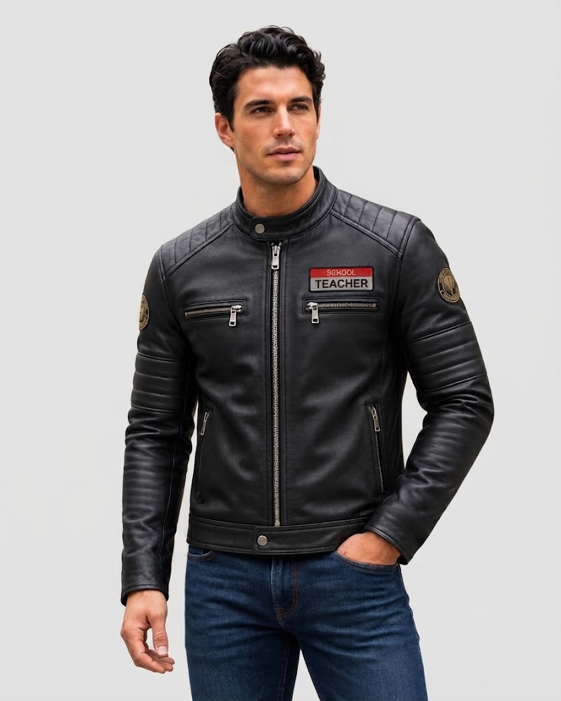 جاكت جلد بادجات |Leather Jacket with Badges