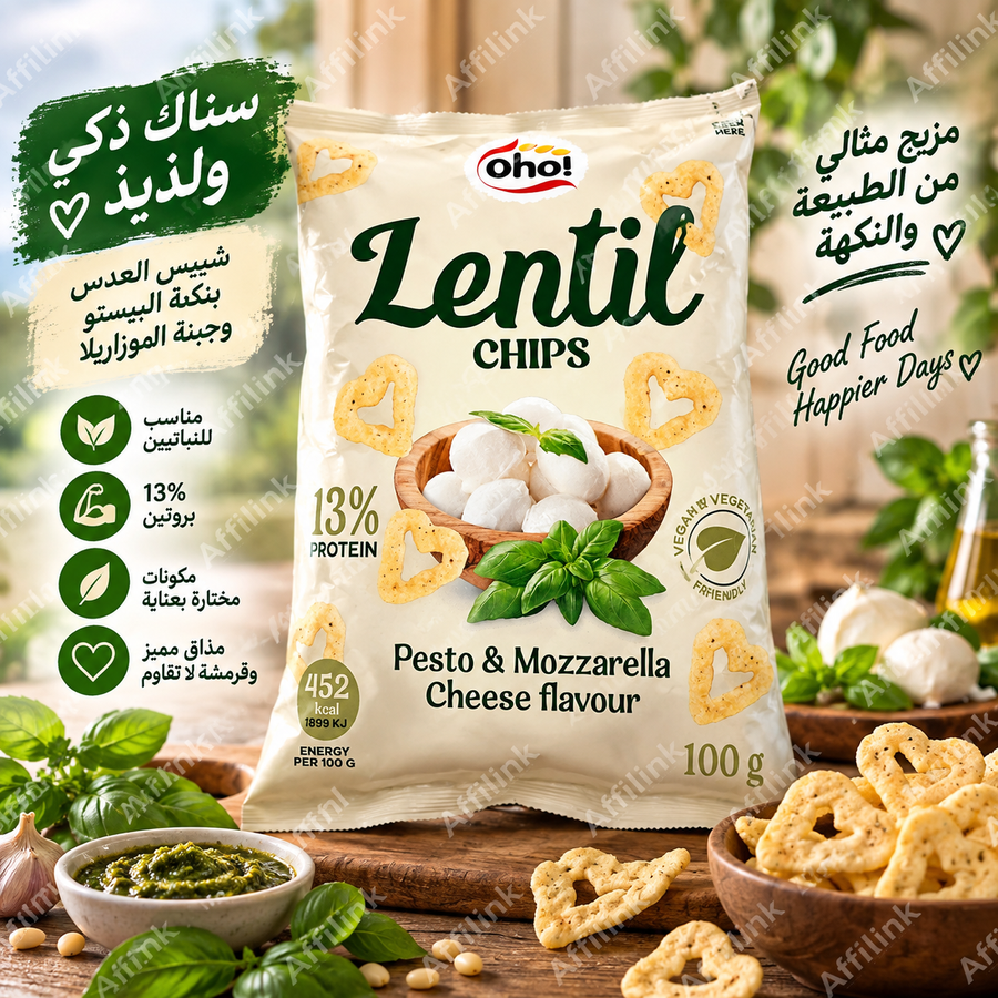 شيبس العدس بنكهة البيستو وجبنة الموزاريلا
