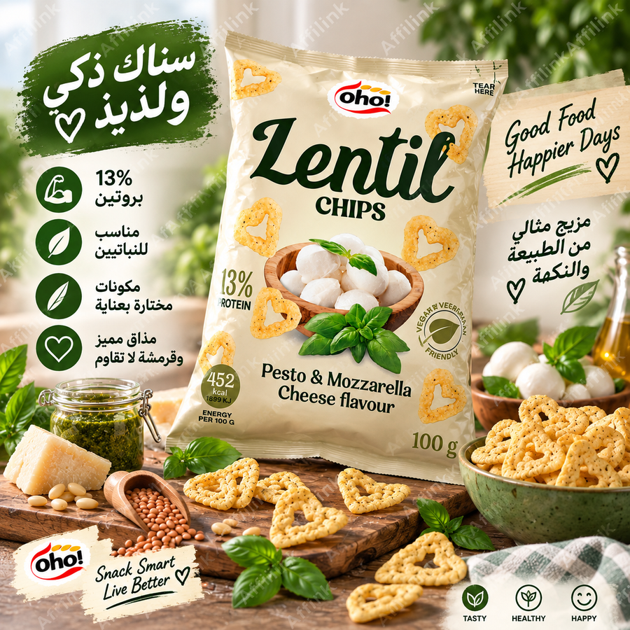 شيبس العدس بنكهة البيستو وجبنة الموزاريلا