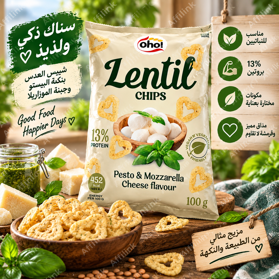 شيبس العدس بنكهة البيستو وجبنة الموزاريلا