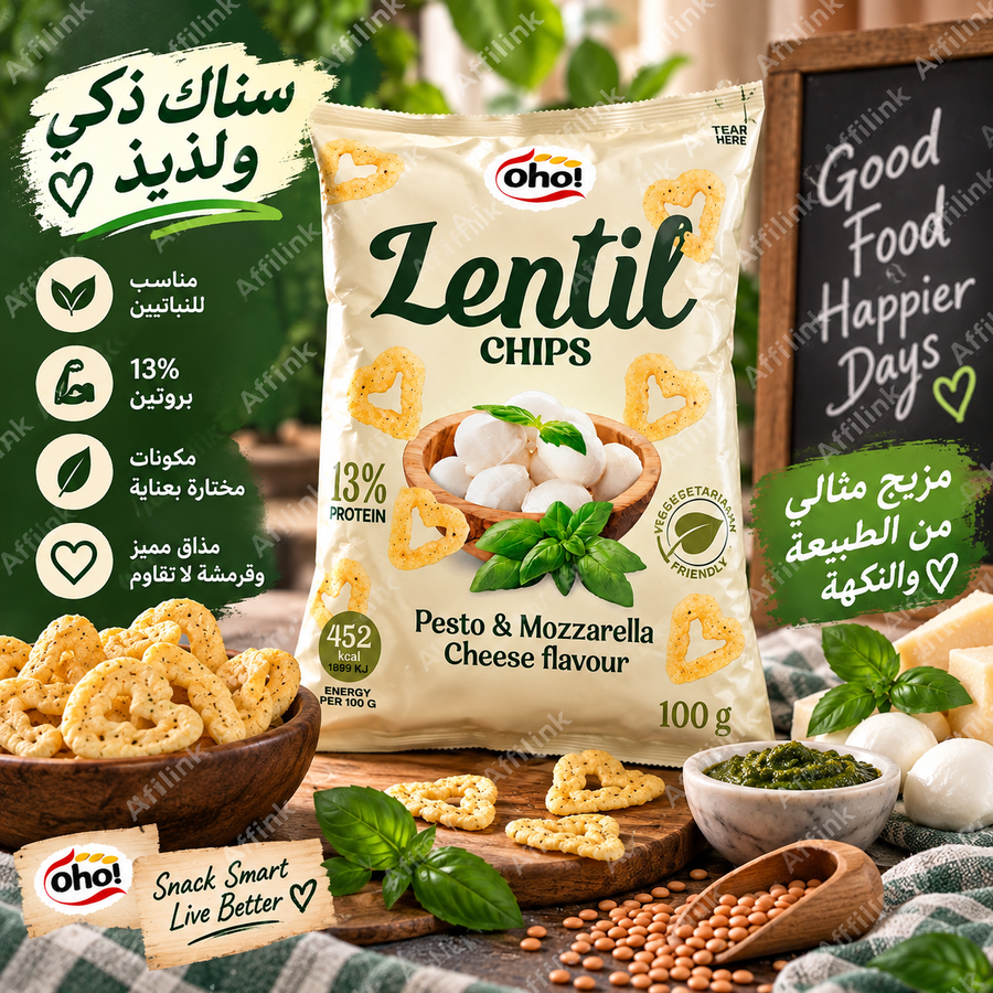 شيبس العدس بنكهة البيستو وجبنة الموزاريلا