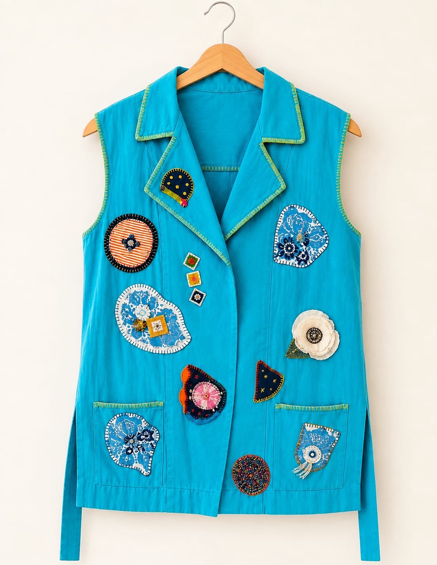 Turquoise Embroidered Patch Denim Vest