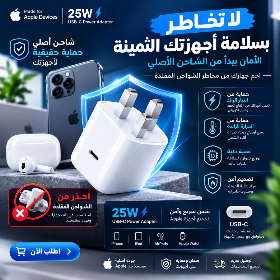 شاحن Apple 25W USB-C PD سريع – Semi Original – أبيض