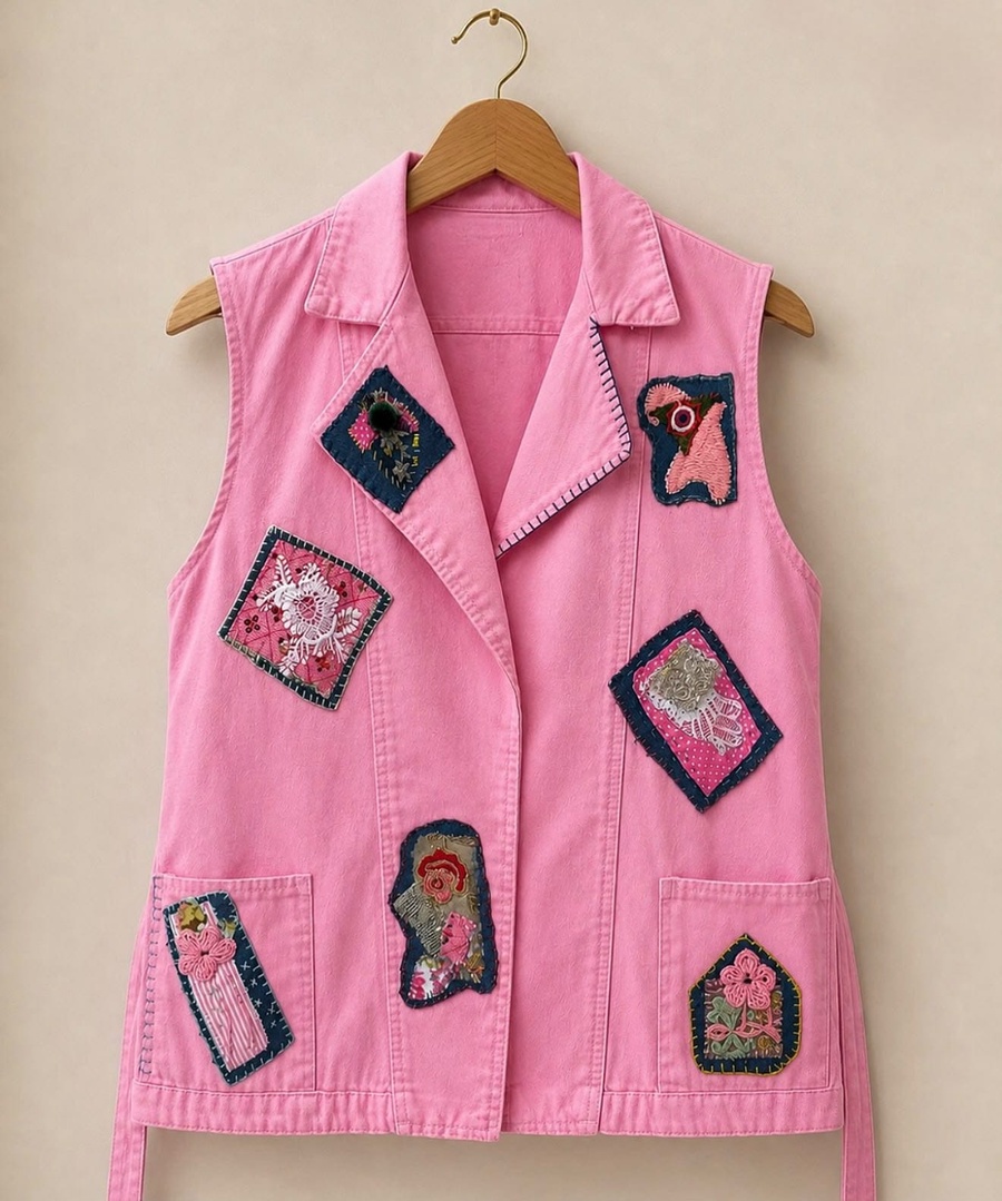 Pink Embroidered Patch Denim Vest