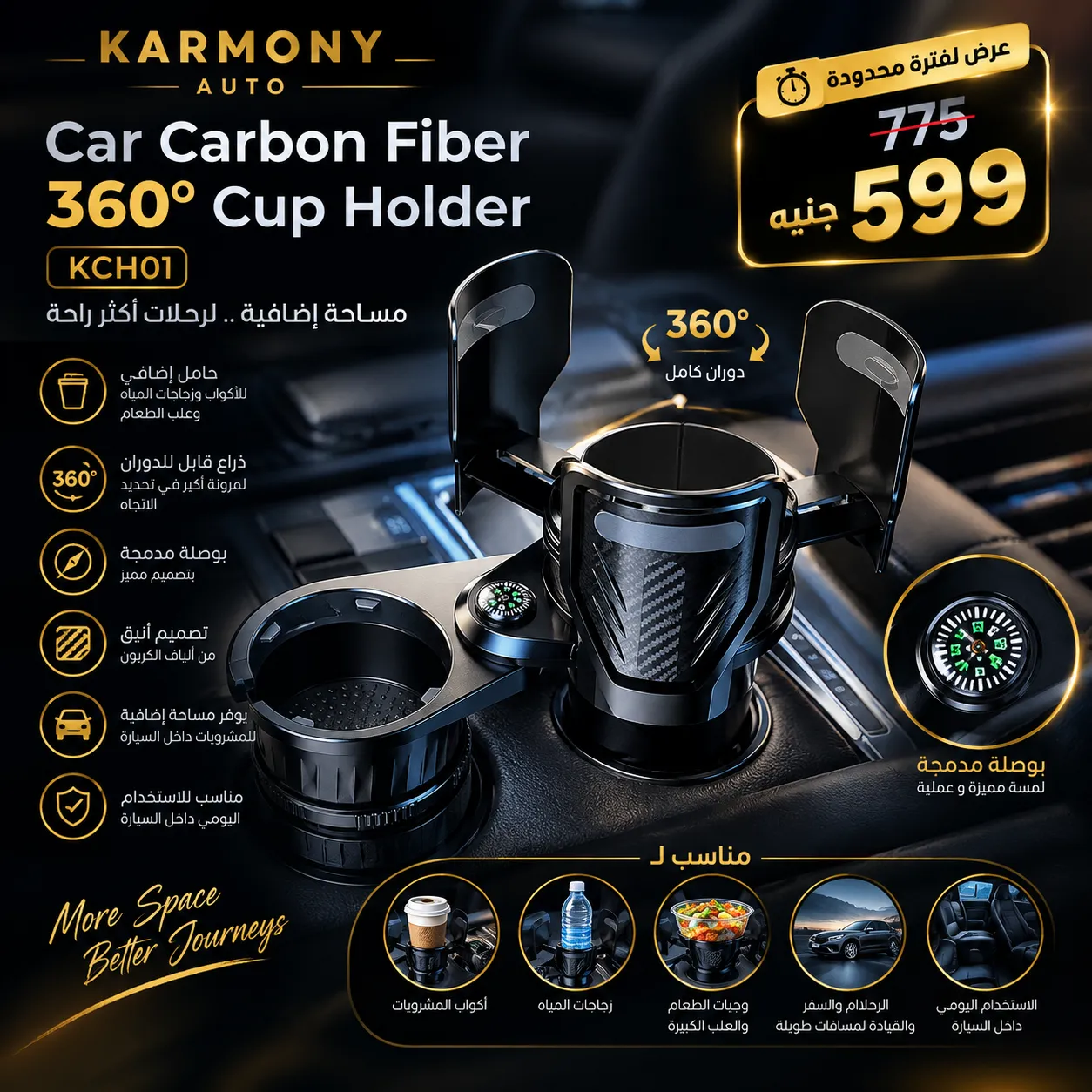 Car Carbon Fiber 360° Cup Holder-KCH01