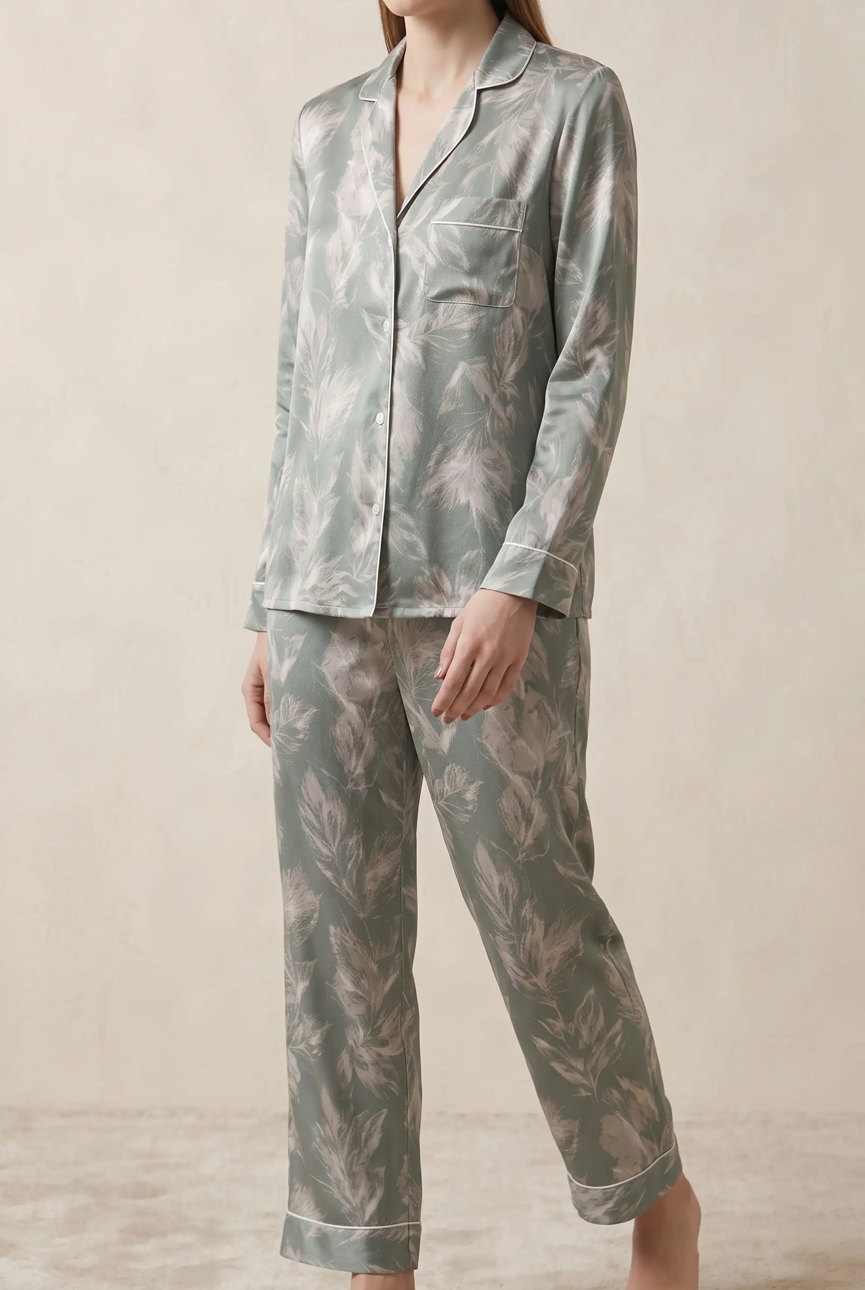 Sage Flora – Premium Satin Pajama Set