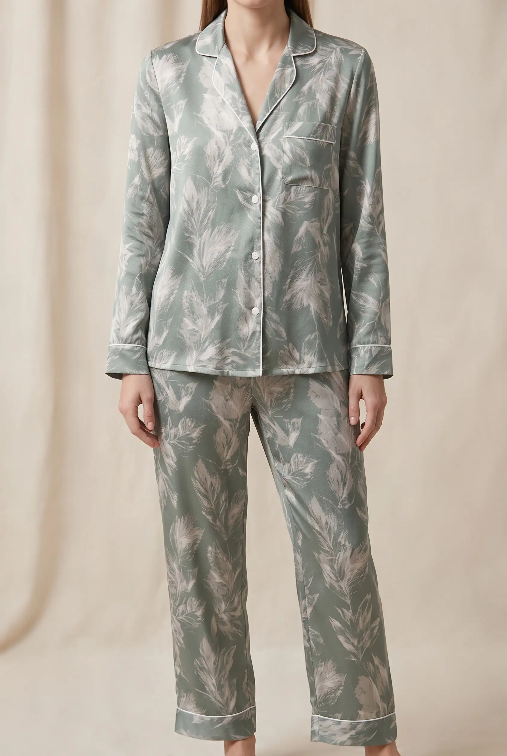 Sage Flora – Premium Satin Pajama Set