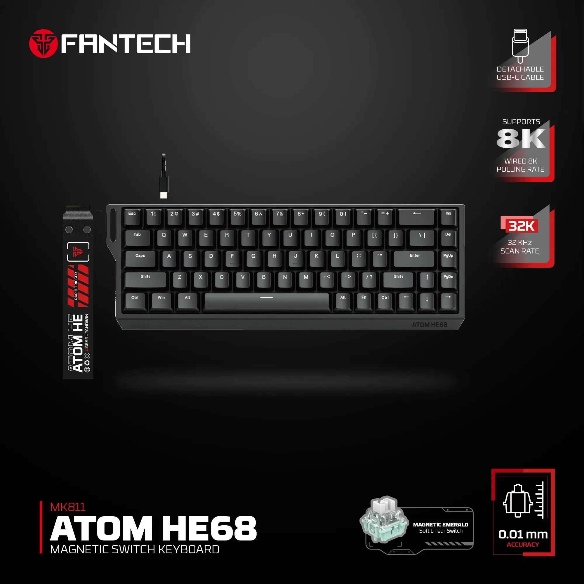 Fantech Atom HE68 MK811 Wired Magnetic Gaming Keyboard Black