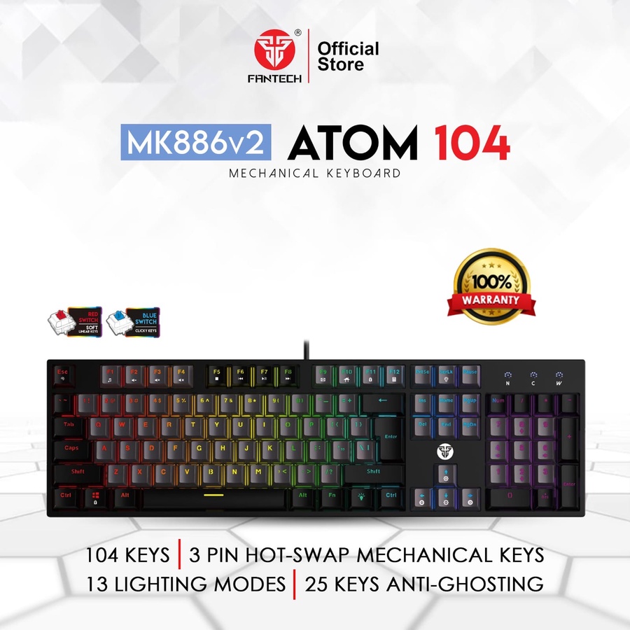Fantech ATOM104-MK886v2 Wired Mechanical Keyboard – Blue Switch, USB (Black)