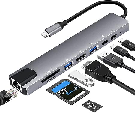  8in1 usb C hub Splitter with  78W PD, HDMI, 2p USB 3.net port0, Type C Port and Ethernet port