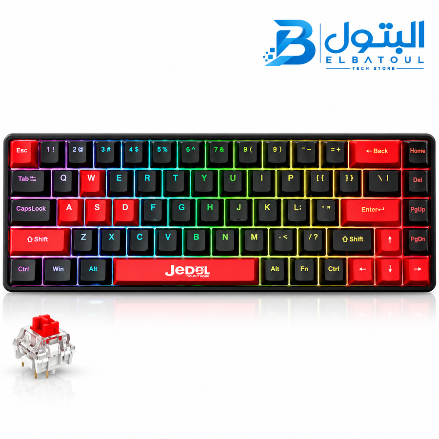 JEDEL KL141 68% Gaming Mechanical Keyboard - Rainbow LED Lighting (English & Arabic) (Black Red (Red Switch))