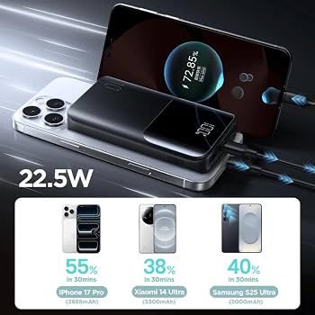 باور بانك من جيروم JR-QP191 Min  بقدرة 22.5 واط للشحن السريع 10000 ميلي امبير في الساعة مع شاشة Digital رقمية و3 منافذ 1 USB-A و2 USB-C