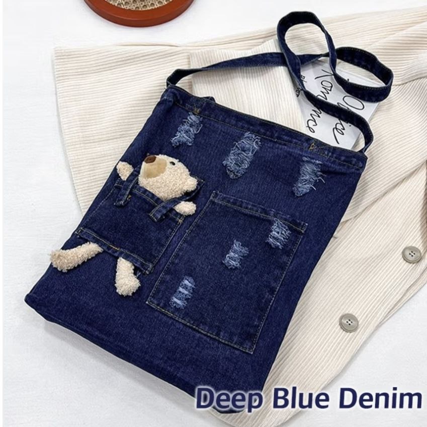  شنطة كروس وكتف بناتي جينز (Tote) كاجوال مزودة بـ "دبدوب" _ للدروس والجامعة | Demand & Beyond