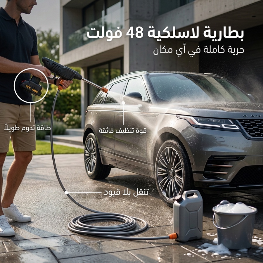 مضخة غسيل السيارات الاسلكية الذكية – بقوة 48 فولت و600 واط شديدة التحمل مع بطاريتين