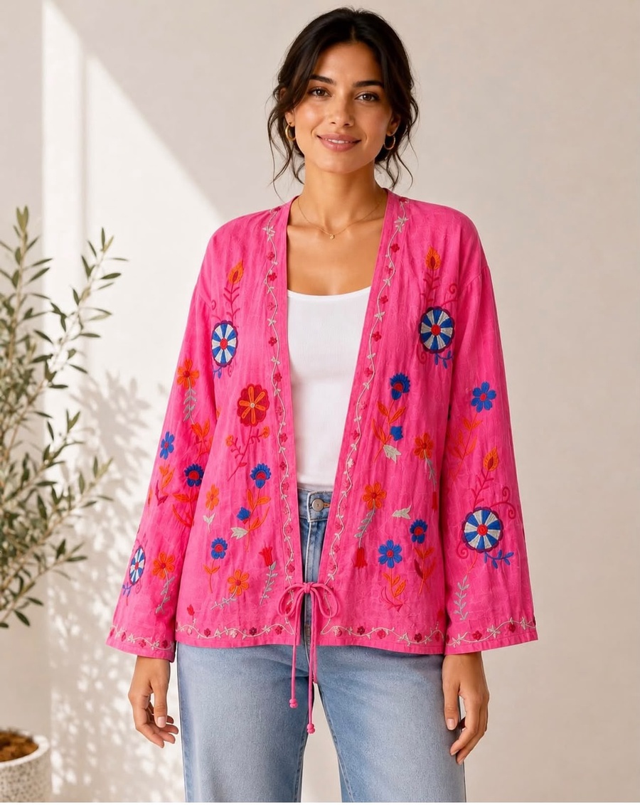 Fuchsia Pink Floral Embroidered Kimono Jacket