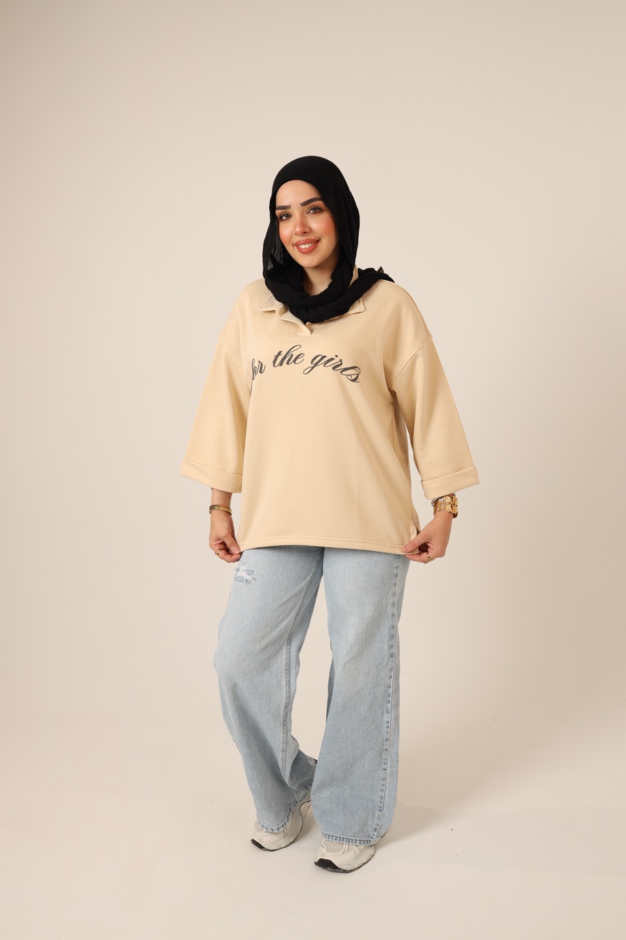  Beige Oversized Polo Sweatshirt