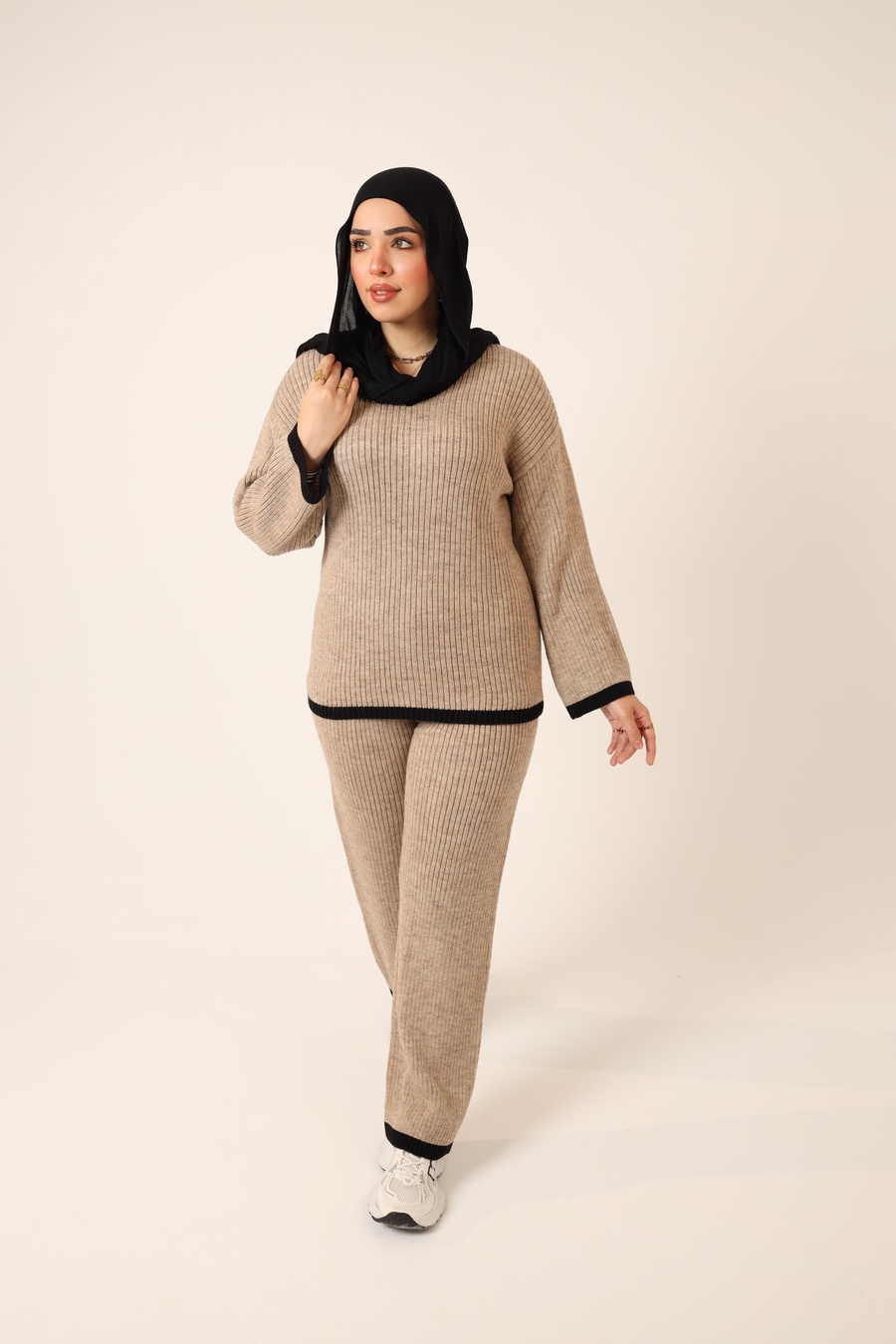 Beige Ribbed Knit Set