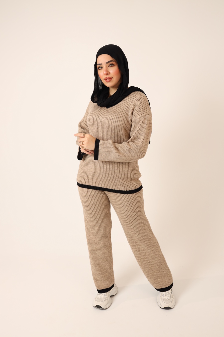 Beige Ribbed Knit Set