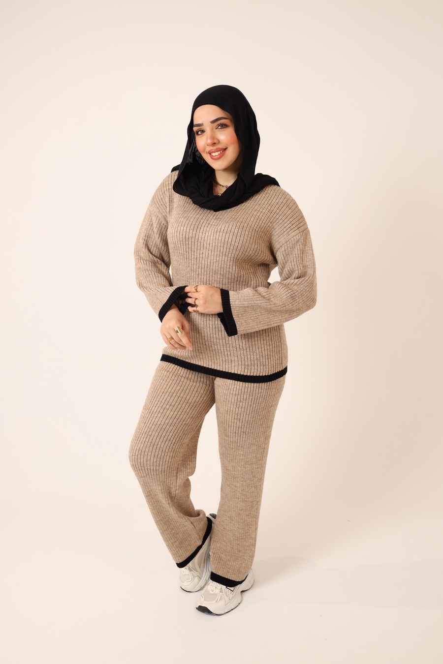 Beige Ribbed Knit Set