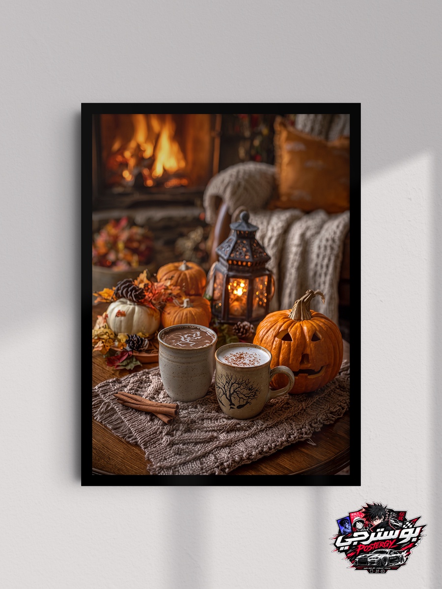 بوستر خريفي دافئ – قهوة ومدفأة وقرع | Cozy Autumn Poster