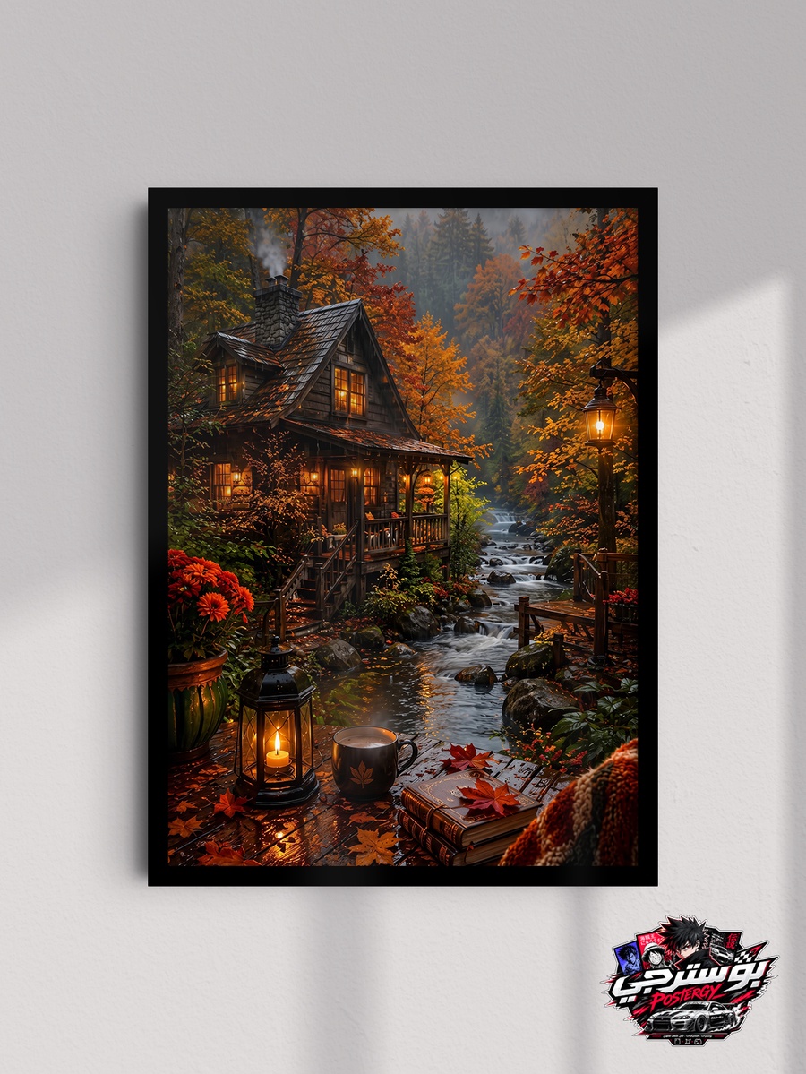 بوستر خريفي ريفي – كوخ خشبي ونهر وسط الطبيعة | Cozy Autumn Cabin Poster