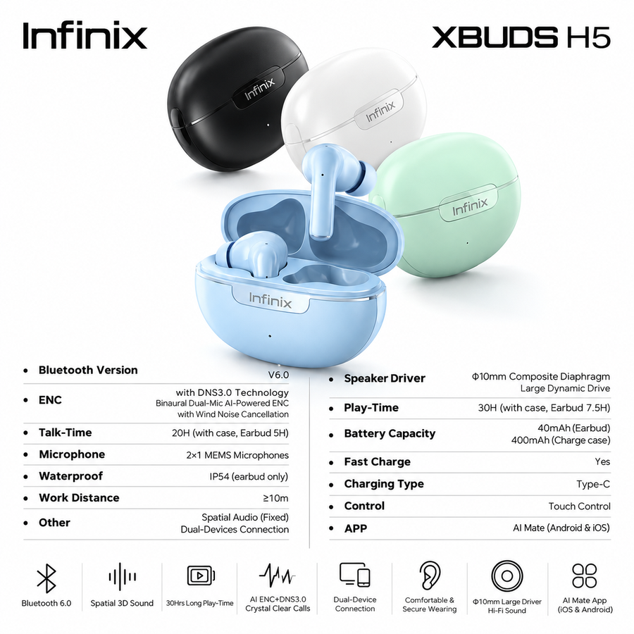 Infinix XBuds H5 XE36 سماعات لاسلكية ببطارية 30 ساعة وBluetooth 6.0