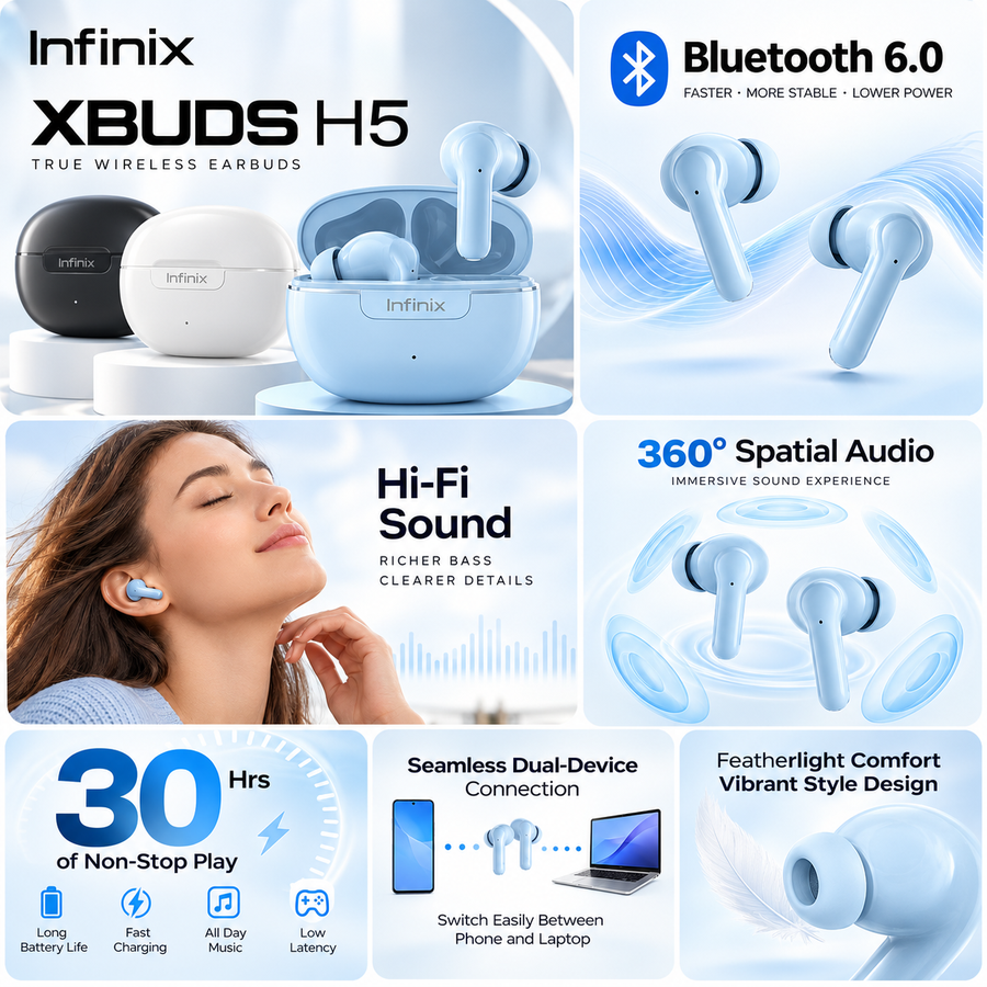 Infinix XBuds H5 XE36 سماعات لاسلكية ببطارية 30 ساعة وBluetooth 6.0
