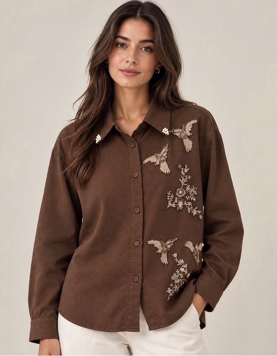 Chocolate Brown Bird & Botanical Embroidered Shirt