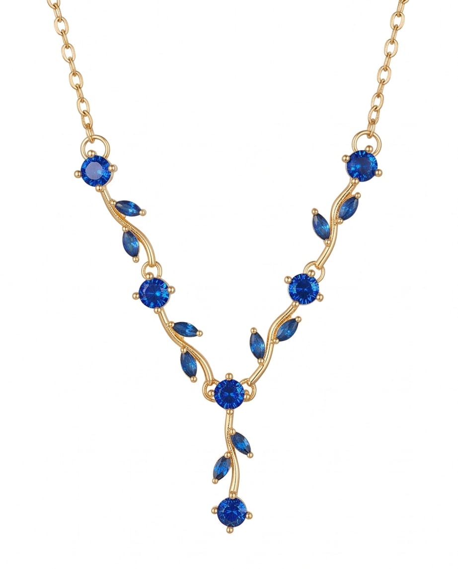 RAWNQ Gold Plated Stainless Steel Leaf Vine Necklace with Blue Cubic Zirconia